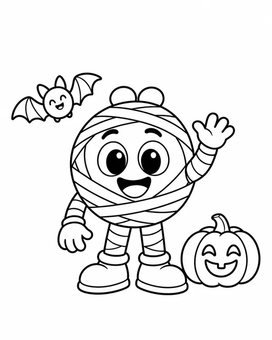 Coloring page: Milo dressed as a mummy, black outline on white