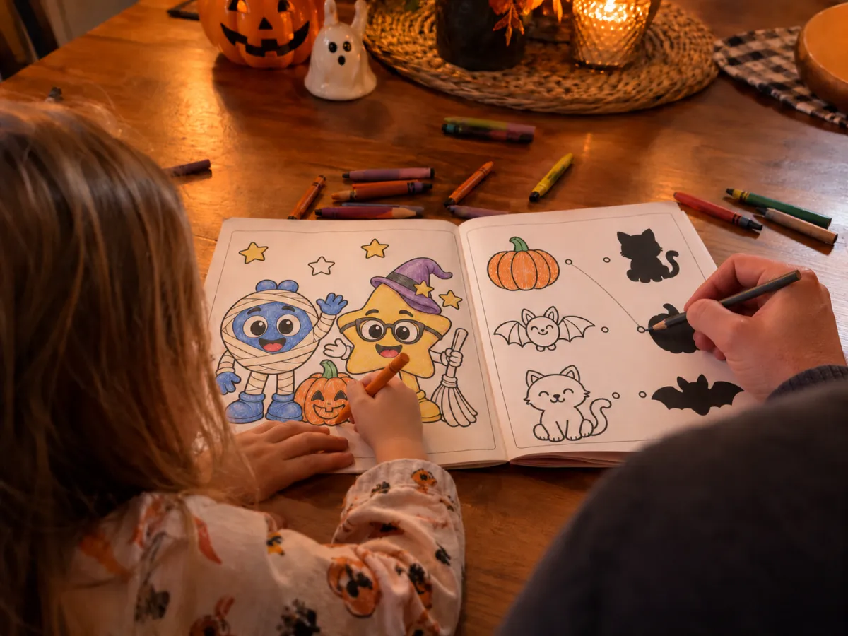A child and a grown‑up coloring Milo & Nami's Halloween activity book at the kitchen table