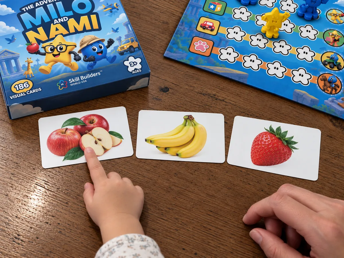 A child's finger pointing to the apple among three picture cards, with the box and the game board behind
