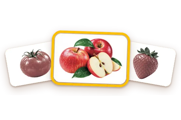 The apple card highlighted between a tomato card and a strawberry card
