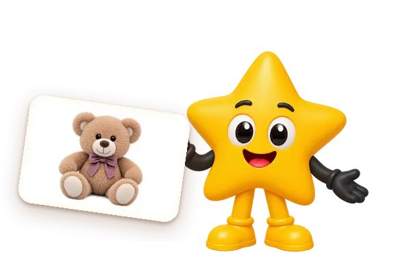 Nami gesturing next to the teddy bear card