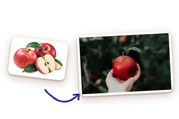 The apple card next to a real apple in a hand