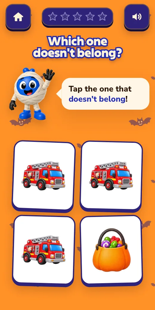 The Which one doesn't belong? game on a phone: a popcorn card among three stars