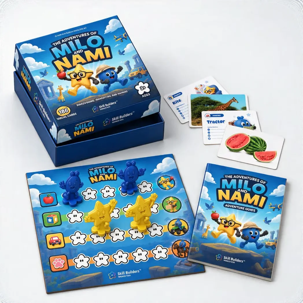 The open box with picture cards, the game board with the character pieces and the Adventure Guide