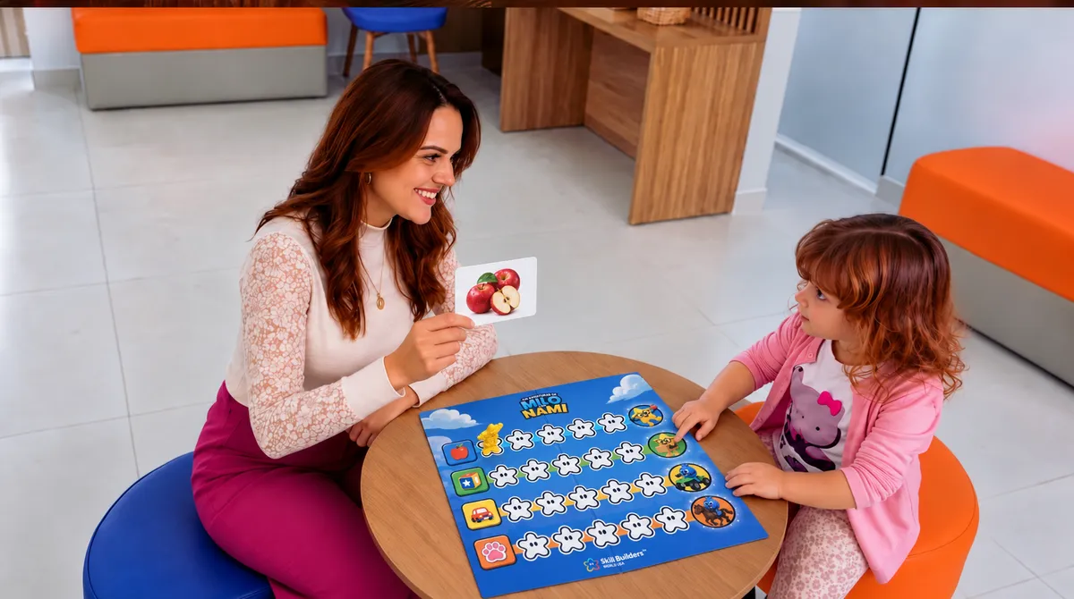 Angela in a session with a child, the Skill Buddies board on the table
