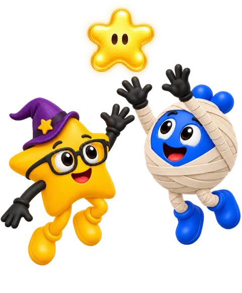 Milo dressed as a mummy and Nami dressed as a witch jumping for a high five under a star